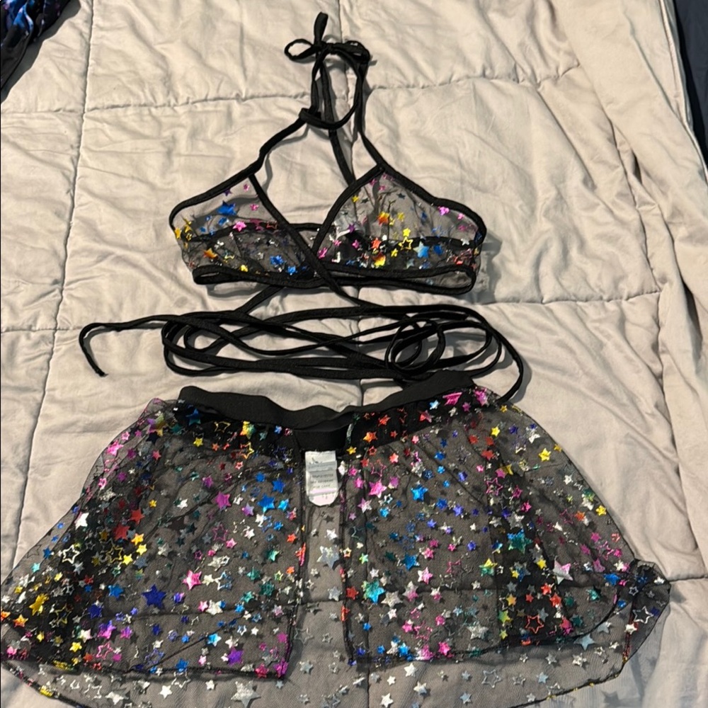 Colorful Star Mesh triangle wrap top with matching skirt